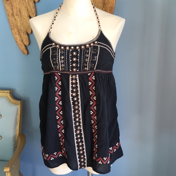 XXI black halter summer top with wooden beads size M boho gypsy hippie babydoll - Picture 12 of 16